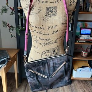 Stella & Dot Camouflage Crossbody Bag with Pink Strap